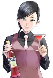 Rule 34 | 1girl, bartender, black hair, campari, cocktail glass, commentary request, copyright request, cup, drinking glass, green eyes, hayakawa pao, highres, holding, holding cup, holding drinking glass, lips, looking at viewer, madoromi barmaid, necktie, ponytail, simple background, solo, tsukigawa yuki, upper body, vest, white background