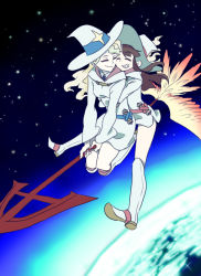 Rule 34 | 10s, 2girls, ^ ^, alternate clothes color, alternate color, asymmetrical bangs, bare legs, blonde hair, boots, broom, broom riding, brown hair, cheek-to-cheek, closed eyes, closed mouth, couple, diana cavendish, dress, earth (planet), flying, friends, full body, green hair, grin, happy, hat, heads together, hug, hug from behind, kagari atsuko, legs, little witch academia, long hair, multicolored hair, multiple girls, multiple riders, night, night sky, parted lips, planet, riding, side slit, sky, smile, space, spoilers, spread legs, star (sky), starry sky, teeth, two-tone hair, white dress, white footwear, white headwear, witch, witch hat, yuri