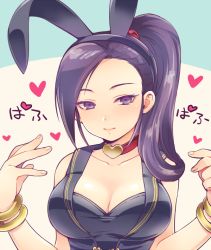 Rule 34 | 1girl, animal ears, bare shoulders, bracelet, breasts, rabbit ears, choker, cleavage, dragon quest, dragon quest xi, fake animal ears, hairband, heart, heart choker, jewelry, large breasts, long hair, looking at viewer, martina (dq11), nao (necomugi), playboy bunny, ponytail, purple eyes, purple hair, solo, upper body