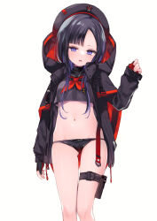 Rule 34 | 1girl, asymmetrical bangs, beret, bikini, bikini bottom only, black bikini, black gloves, black hair, black hat, black jacket, black leotard, black serafuku, blush, breasts, colored inner hair, crop top, eunhwa (nikke), fingerless gloves, forehead, fummy, gloves, goddess of victory: nikke, hat, highres, hood, hood down, hooded jacket, jacket, leotard, long hair, mole, mole under mouth, multicolored hair, navel, neckerchief, pouch, purple eyes, purple hair, red jacket, red neckerchief, school uniform, serafuku, simple background, skindentation, small breasts, solo, sweatdrop, swimsuit, thigh pouch, two-sided fabric, two-sided jacket, white background