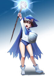 Rule 34 | 1girl, absurdres, animal ears, brown eyes, brown hair, cape, dog ears, dog tail, hasegawa (hase popopo), hat, highres, long sleeves, looking up, miyafuji yoshika, no pants, old school swimsuit, open mouth, sailor collar, sailor shirt, school swimsuit, school uniform, serafuku, shield, shirt, shoes, short hair, solo, staff, strike witches, swimsuit, swimsuit under clothes, tail, witch hat, world witches series