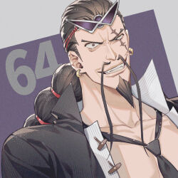 Rule 34 | 1boy, beard, black hair, black necktie, commentary request, earrings, eyewear on head, facial hair, fangs, hair tie, jabra (one piece), jewelry, long mustache, looking at viewer, male focus, mustache, necktie, numbered, one piece, ponytail, scar, scar on face, smile, solo, upper body, yoshicha