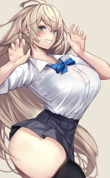 Rule 34 | 1girl, ahoge, black skirt, black thighhighs, blonde hair, blush, bow, bowtie, breasts, collared shirt, grey eyes, grin, highres, large breasts, long hair, looking at viewer, miniskirt, mole, mole under eye, original, pleated skirt, shirt, short sleeves, skirt, smile, solo, thighhighs, thighs, untue, white shirt
