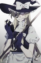 Rule 34 | 1girl, aged up, apron, artist name, black gloves, black hat, black vest, blonde hair, bow, braid, broom, brown eyes, commentary, cowboy shot, eyepatch, fingerless gloves, gloves, grey background, grin, hair bow, hat, hat bow, highres, holding, holding broom, kirisame marisa, long hair, looking at viewer, mini-hakkero, puffy short sleeves, puffy sleeves, scar, scar on face, sharp teeth, shirt, short sleeves, simple background, single braid, smile, solo, teeth, touhou, very long hair, vest, waist apron, white apron, white bow, white shirt, witch hat, xx asui
