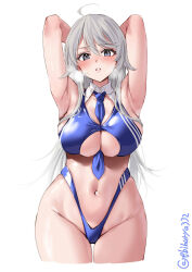 Rule 34 | 1girl, ahoge, armpits, arms behind head, arms up, between breasts, bikini, blue bikini, blush, breasts, cleavage, commentary request, cowboy shot, detached collar, ebifurya, grey eyes, grey hair, hair between eyes, highres, kantai collection, large breasts, long hair, looking at viewer, navel, necktie, necktie between breasts, skindentation, solo, stomach, swimsuit, thighs, twitter username, washington (kancolle), white background