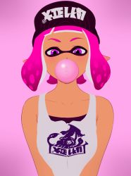 Rule 34 | 1girl, bare shoulders, breasts, breasts squeezed together, chewing gum, collarbone, inkling, inkling girl, inkling player character, long hair, looking at viewer, nintendo, parted lips, pink background, pink eyes, pink hair, pointy ears, raised eyebrows, short hair, simple background, small breasts, solo, splatoon (series), splatoon 2, taka-michi