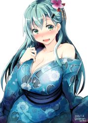 Rule 34 | 10s, 1girl, 2016, :d, aqua eyes, aqua hair, artist name, bare shoulders, blush, breasts, cleavage, collarbone, colored eyelashes, curvy, dated, female focus, floral print, flower, gin&#039;ichi (akacia), hair flower, hair ornament, hairclip, hairpin, japanese clothes, kantai collection, kimono, large breasts, long sleeves, looking at viewer, nose blush, open clothes, open kimono, open mouth, sash, simple background, smile, solo, suzuya (kancolle), sweatdrop, teeth, undressing, upper body, white background