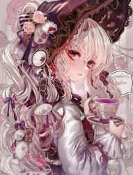 Rule 34 | 1girl, braid, cup, dress, expressionless, flower, food, food-themed hair ornament, fruit, grey dress, grey hair, hair ornament, hair ribbon, highres, holding, holding cup, holding saucer, komorihikki, lolita fashion, long hair, looking at viewer, original, pink eyes, pink flower, pink rose, purple ribbon, raspberry, raspberry hair ornament, ribbon, rose, saucer, solo, tea, teacup, upper body, wavy hair
