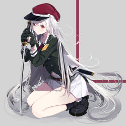Rule 34 | 1girl, black footwear, blush, boots, closed mouth, eyebrows hidden by hair, flat cap, full body, gloves, gradient hair, green gloves, green jacket, grey background, grey hair, hair between eyes, hands up, hat, highres, holding, holding sword, holding weapon, jacket, katana, long hair, long sleeves, looking at viewer, multicolored hair, navel, neck ribbon, original, pleated skirt, red eyes, red hat, red ribbon, ribbon, sasahara wakaba, sheath, skirt, solo, squatting, sword, unsheathed, very long hair, weapon, white hair, white skirt
