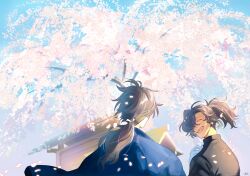 Rule 34 | 2boys, :d, ^ ^, black hair, black jacket, blue jacket, cherry blossoms, closed eyes, commentary, day, facial hair, facing another, facing away, facing to the side, falling petals, fate/grand order, fate (series), flower, gloves, hair over one eye, hand up, haori, highres, jacket, japanese clothes, long hair, low ponytail, male focus, multiple boys, okada izou (fate), open mouth, petals, pink flower, pirohi (pirohi214), ponytail, sakamoto ryouma (fate), smile, stubble, symbol-only commentary, teeth, tree, upper body, upper teeth only, white gloves