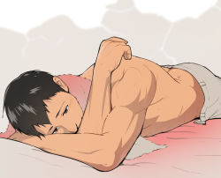 Rule 34 | 1boy, bertolt hoover, biceps, blush, brown eyes, brown hair, butt crack, itto (mentaiko), lying, male focus, muscular, on stomach, pants, shingeki no kyojin, topless male, short hair, smile, solo, towel, unbuttoned, wet