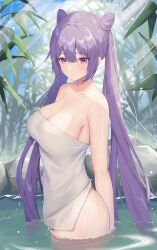 Rule 34 | 1girl, absurdres, bare arms, bare shoulders, blue sky, breasts, cleavage, commentary request, cone hair bun, day, genshin impact, hair bun, highres, keqing (genshin impact), large breasts, long hair, looking at viewer, naked towel, purple eyes, purple hair, ronnie z, sky, solo, towel, twintails, very long hair, wading, water