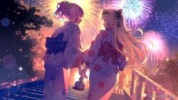 Rule 34 | 2girls, :d, aerial fireworks, anchor print, aqua hair, blue sash, blunt bangs, colored inner hair, commentary request, cone hair bun, copyright notice, fireworks, from behind, from below, grey hair, grin, hair bun, hair ornament, hairband, half up braid, holding hands, hololive, ishihara (kuniyoshi), japanese clothes, kimono, kinchaku, long hair, looking at another, minato aqua, multicolored hair, multiple girls, murasaki shion, night, night sky, obi, official art, open mouth, orange sash, outdoors, pink hair, pouch, print kimono, purple eyes, sash, short hair, side up bun, sidelocks, single side bun, sky, smile, stairs, summer festival, tassel, tassel hair ornament, teeth, upper teeth only, virtual youtuber, white kimono, wide sleeves, yellow eyes, yukata