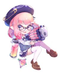 Rule 34 | 1girl, bad id, bad twitter id, beret, black-framed eyewear, black hat, black ribbon, blue skirt, blunt bangs, brown footwear, clash blaster (splatoon), clothes pin, dress shirt, fang, floating, full body, glasses, grey vest, hat, holding, holding weapon, ink tank (splatoon), inkling, inkling girl, inkling player character, loafers, looking at viewer, medium hair, miniskirt, neck ribbon, nintendo, open mouth, oversized object, pink eyes, pink hair, pleated skirt, pointy ears, ribbon, shirt, shoes, simple background, single horizontal stripe, skirt, smile, solo, sparkle, splat bomb (splatoon), splatoon (series), splatoon 2, sweater vest, tentacle hair, thighhighs, vest, wataru (w t r ika), weapon, white background, white shirt, white thighhighs, wing collar