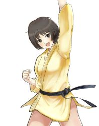 Rule 34 | 1girl, :d, absurdres, amagami, arm up, bare legs, belt, black belt, blush, bob cut, breasts, brown eyes, brown hair, clenched hand, commentary, contrapposto, cowboy shot, dougi, floating clothes, gyuunyuu pack (tanaka), head tilt, highres, japanese clothes, looking at viewer, medium breasts, messy hair, no pants, open mouth, robe, short hair, simple background, smile, solo, spread legs, standing, tachibana miya, teeth, thighs, triumph (expression), upper teeth only, white background, yellow robe