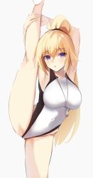 Rule 34 | 1girl, absurdres, armpits, arms up, bare shoulders, bee doushi, black one-piece swimsuit, blonde hair, blue eyes, blush, breasts, collarbone, competition swimsuit, covered navel, fate/grand order, fate (series), highleg, highleg swimsuit, highres, jeanne d&#039;arc (fate), jeanne d&#039;arc (ruler) (fate), jeanne d&#039;arc (swimsuit archer) (fate), jeanne d&#039;arc (swimsuit archer) (second ascension) (fate), kneepits, large breasts, leg lift, leg up, long hair, looking at viewer, one-piece swimsuit, open mouth, ponytail, simple background, split, standing, standing on one leg, standing split, swimsuit, thighs, two-tone swimsuit, very long hair, whistle, whistle around neck, white background, white one-piece swimsuit