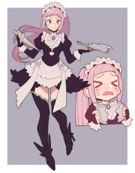 Rule 34 | &gt;o&lt;, 1girl, apron, black dress, black footwear, black thighhighs, blush, bridal gauntlets, broken plate, closed eyes, closed mouth, dagger, do m kaeru, dress, felicia (fire emblem), fire emblem, fire emblem fates, green eyes, holding, holding dagger, holding knife, holding plate, holding weapon, juliet sleeves, knife, long hair, long sleeves, looking at viewer, maid, maid apron, maid headdress, multiple views, nintendo, open mouth, pink hair, plate, ponytail, puffy sleeves, smile, sweatdrop, thighhighs, waist apron, weapon, white apron