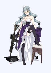 Rule 34 | 1girl, :&gt;, absurdres, alcohol, arm at side, assault rifle, bare shoulders, black footwear, black gloves, black thighhighs, blue background, blue hair, blunt bangs, braid, breasts, broken glass, case, choker, closed mouth, collarbone, cross, cross earrings, cup, dress, drinking glass, earrings, er huaa, facial mark, flower, formal, full body, garter straps, girls&#039; frontline, glass, gloves, green eyes, gun, hair ornament, head tilt, high heels, highres, hk416 (girls&#039; frontline), hk416 (starry cocoon) (girls&#039; frontline), holding, holding gun, holding weapon, jewelry, large breasts, long hair, looking at viewer, low twintails, official alternate costume, rifle, shoes, simple background, skirt hold, sleeveless, sleeveless dress, solo, stool, strapless, strapless dress, sweat, thighhighs, torn clothes, torn thighhighs, twintails, very long hair, weapon, wine, wine glass