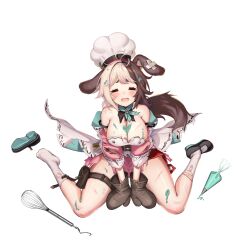 Rule 34 | 1girl, animal ear fluff, animal ears, ankle socks, apron, back bow, bandaid on ear, bare shoulders, belt, black belt, black footwear, blush, bow, breasts, brown hair, chef hat, chocolate, chocolate on body, chocolate on breasts, chocolate on head, chocolate on legs, closed eyes, crossed bandaids, cuts, dispenser, dog ears, dog girl, dog tail, dress, fang, food on body, full body, green neckerchief, grey hair, hachiko of castling, hat, heart, highres, huge bow, injury, large breasts, last origin, low twintails, mary janes, mel (dodosae), mint, mint chocolate, multicolored hair, neckerchief, off-shoulder dress, off shoulder, official alternate costume, official art, open mouth, oven mitts, pastry bag, pink dress, pouch, puffy sleeves, shoes, short twintails, sidelocks, simple background, single shoe, sitting, socks, solo, spice, split-color hair, tachi-e, tail, tearing up, thick thighs, thigh belt, thigh pouch, thigh strap, thighs, third-party source, tongue, torn apron, torn bow, torn clothes, torn dress, torn neckerchief, torn sleeves, torn socks, transparent background, twintails, two-tone hair, unworn shoes, valentine, wariza, whisk, white apron, white bow, white hat, white socks
