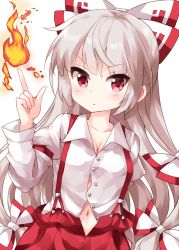 Rule 34 | 1girl, blunt bangs, bow, breasts, cleavage, closed mouth, collared shirt, cowboy shot, fire, fujiwara no mokou, grey hair, hand in pocket, highres, long sleeves, looking at viewer, multicolored bow, multiple bows, navel, pants, pyrokinesis, red bow, red eyes, red pants, ruu (tksymkw), shirt, simple background, small breasts, solo, standing, suspenders, touhou, v-shaped eyebrows, white background, white bow, white shirt