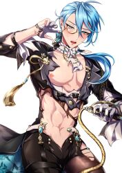 Rule 34 | 1boy, abs, blue eyes, blue hair, blush, bow, bowtie, bulge, detached collar, edmond (nu carnival), gloves, gold whip, highres, holding, holding whip, jewel, jewelry, long hair, looking at viewer, male focus, monocle, monocle chain, neckbow, nipples, nu carnival, open mouth, pectoral cleavage, pectorals, shirt, solo, solo focus, sweat, sweatdrop, teeth, torn clothes, torn legwear, torn shirt, upper teeth only, whip, white background, yadome810