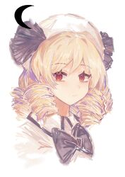 Rule 34 | 1girl, absurdres, black bow, blonde hair, bow, closed mouth, crescent, dress, drill hair, hat, highres, luna child, medium hair, portrait, red eyes, simple background, solo, touhou, tuntunsbx, white background, white dress, white hat
