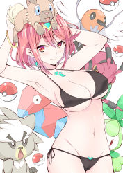 Rule 34 | 1girl, absurdres, armpits, arms up, bare shoulders, bikini, black bikini, blush, breasts, cameltoe, closed mouth, collarbone, cowboy shot, creatures (company), crossover, daive, earrings, fletchling, game freak, gen 1 pokemon, gen 5 pokemon, gen 6 pokemon, gen 7 pokemon, gen 8 pokemon, groin, hair between eyes, highres, jewelry, kubfu, large breasts, legendary pokemon, looking at viewer, navel, nintendo, on head, petilil, poke ball, poke ball (basic), pokemon, pokemon (creature), pokemon on head, porygon, pyra (xenoblade), red eyes, red hair, rockruff, short hair, side-tie bikini bottom, skindentation, smile, swimsuit, tiara, underboob, venipede, xenoblade chronicles (series), xenoblade chronicles 2