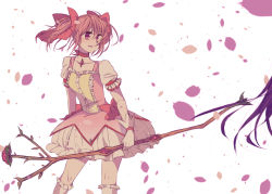 Rule 34 | 10s, 1girl, akemi homura, bow, bow (weapon), choker, collarbone, dress, gloves, hair bow, highres, kaname madoka, long hair, looking back, magical girl, mahou shoujo madoka magica, mahou shoujo madoka magica (anime), mizuki (flowerlanguage), petals, pink hair, short twintails, solo focus, soul gem, twintails, weapon