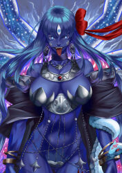 Rule 34 | 1girl, armor, bare shoulders, belly chain, bikini armor, blue eyes, blue skin, bracelet, breasts, cleavage, collarbone, colored skin, earrings, extra arms, fate/grand order, fate (series), hair ribbon, jewelry, kali (fate), kouichi09, large breasts, long hair, long tongue, looking at viewer, navel, neck ring, necklace, open mouth, revealing clothes, ribbon, sash, smile, snake, solo, teeth, third eye, tongue, tongue out, very long hair, white hair