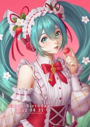 Rule 34 | 1girl, blue hair, blue nails, commentary, detached sleeves, english commentary, flower, food, fruit, green eyes, green hair, hair flower, hair ornament, hatsune miku, highres, long hair, looking at viewer, maid, nail polish, pink background, pink lips, solo, strawberry, strawberry miku (morikura), twintails, vocaloid, white sleeves, winterleigh