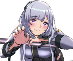 Rule 34 | 1girl, 3 small spiders, ak-12 (girls&#039; frontline), blush, breasts, closed mouth, girls&#039; frontline, hand up, highres, leaning forward, long hair, looking at viewer, medium breasts, purple eyes, silver hair, smile, solo, tactical clothes, uniform, upper body, white background
