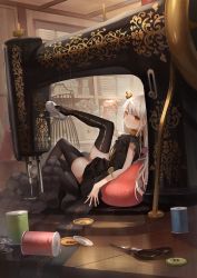 Rule 34 | 1girl, absurdres, black dress, black thighhighs, buttons, check copyright, copyright request, dress, foot out of frame, from side, grey hair, high heels, highres, ikaninaritai8, indoors, knee up, long hair, mini person, minigirl, needle, orange eyes, original, pillow, scissors, sewing machine, sewing needle, sewing pin, shelf, shiny skin, shoes, sleeveless, sleeveless dress, solo, thighhighs
