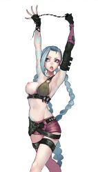 Rule 34 | 1girl, absurdres, belt, blue hair, braid, breasts, female focus, gloves, highres, jinx (league of legends), league of legends, lipstick, long hair, makeup, nipples, pink eyes, shorts, single thighhigh, solo, tattoo, thighhighs, twin braids