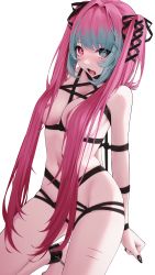 Rule 34 | 1girl, absurdres, arms behind back, bandages, between breasts, black nails, black ribbon, blue eyes, blue hair, blush, bound, bound ankles, bound arms, breasts, chain, chained, cross, cuts, drooling, hair censor, hair intakes, hair ribbon, heart, heart-shaped pupils, highres, indie virtual youtuber, injury, kneeling, long hair, looking at viewer, medium breasts, multicolored hair, nail polish, naked bandage, navel, nose blush, nude, open mouth, pentagram, pink hair, rafilia (vtuber), ribbon, shibari, simple background, solo, symbol-shaped pupils, two-tone hair, very long hair, virtual youtuber, waytok, white background