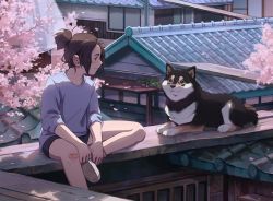 Rule 34 | 1girl, animal, architecture, bandaid, bandaid on knee, bandaid on leg, black shorts, brown hair, cat, cherry blossoms, closed eyes, closed mouth, collarbone, commentary, copyright request, day, dog, east asian architecture, english commentary, flower, freckles, hand up, looking at animal, outdoors, petals, profile, reengirl, shiba inu, shirt, shoes, short ponytail, short shorts, shorts, sitting, sleeves pushed up, sneakers