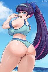 Rule 34 | 1girl, absurdres, artist name, ass, beach, bikini, blue bikini, blue eyes, blue ribbon, breasts, brikot, curvy, eating, flat cap, food, from behind, hair ribbon, hat, highres, hime cut, huge ass, large breasts, long hair, looking at viewer, looking back, multicolored hair, ocean, panty &amp; stocking with garterbelt, pink hair, ponytail, pudding, purple hair, ribbon, solo, stocking (psg), swimsuit, thick thighs, thighs, visor cap, water, wedgie