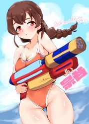 Rule 34 | 1girl, absurdres, adapted costume, blue sky, braid, breasts, brown hair, casual one-piece swimsuit, cleavage, cloud, commentary request, cowboy shot, highres, kantai collection, kitahama (siroimakeinu831), long hair, medium breasts, one-hour drawing challenge, one-piece swimsuit, orange eyes, orange one-piece swimsuit, single braid, sky, solo, souya (kancolle), swimsuit, thigh gap, water gun