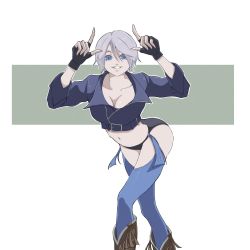 Rule 34 | angel (kof), blue eyes, boots, breasts, cowboy boots, gloves, highres, jacket, large breasts, panties, solo, the king of fighters, underwear, white hair