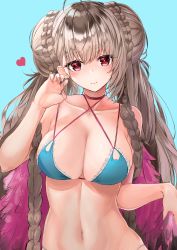 Rule 34 | 1girl, absurdres, aqua background, azur lane, bare shoulders, blush, braid, breasts, cleavage, closed mouth, collarbone, double bun, fingernails, formidable (azur lane), formidable (the lady of the beach) (azur lane), hair bun, hand up, heart, heart print, highres, large breasts, long hair, looking at viewer, nail polish, navel, official alternate costume, paw pose, pink nails, platinum blonde hair, red eyes, smile, solo, twin braids, upper body, zyousha333