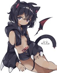 Rule 34 | 1girl, animal ears, artist name, bat (animal), black shorts, blush, breasts, bright pupils, cat ears, cat tail, dark-skinned female, dark skin, demon girl, demon wings, detached hood, detached sleeves, detached wings, hair between eyes, heart, heart tattoo, highres, hood, hood down, leaning to the side, looking at viewer, navel, original, pubic tattoo, purple eyes, short shorts, shorts, simple background, small breasts, tail, tattoo, thigh strap, thighs, uenomigi, white background, white pupils, wings