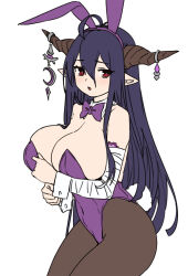 Rule 34 | 1girl, animal ears, antenna hair, bare shoulders, breasts, brown pantyhose, cleavage, danua, detached collar, draph, fake animal ears, granblue fantasy, hair between eyes, highleg, highleg leotard, highres, horn ornament, horns, houtengeki, large breasts, leotard, long hair, looking at viewer, open mouth, pantyhose, playboy bunny, pointy ears, purple hair, purple leotard, rabbit ears, red eyes, solo, thighs, white background, wrist cuffs