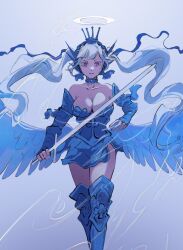 Rule 34 | 1girl, armor, armored boots, armored dress, black clover, blue choker, blue wings, boots, breasts, choker, cleavage, crown, gauntlets, grey hair, halo, highres, large breasts, long hair, looking at viewer, low twintails, medium breasts, noelle silva, parted lips, pink eyes, poonwip, solo, twintails, valkyrie, water wings, wings