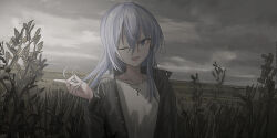 Rule 34 | 1girl, ;d, black jacket, blue eyes, chihuri, cloud, cloudy sky, collarbone, commentary request, cross, cross necklace, earrings, ende (chihuri), grey hair, hand up, highres, horizon, jacket, jewelry, latin cross, long hair, looking at viewer, necklace, one eye closed, open clothes, open jacket, open mouth, original, outdoors, shirt, sky, smile, solo, stud earrings, upper body, white shirt