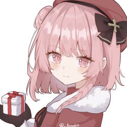 Rule 34 | 1girl, beret, black gloves, blue archive, blush, box, capelet, closed mouth, gift, gift box, gloves, hair bun, hat, highres, holding, holding gift, long sleeves, looking at viewer, luna (luna610), official alternate costume, pink eyes, pink hair, portrait, red capelet, red hat, serina (blue archive), serina (christmas) (blue archive), short hair, simple background, single side bun, smile, solo, twitter username, white background