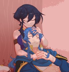 Rule 34 | 1boy, 1girl, armband, bare shoulders, black hair, blue cape, blue hair, breast pillow, cape, closed eyes, couple, earrings, fire emblem, hair between eyes, hand in another&#039;s hair, hand on another&#039;s head, headband, highres, interlocked fingers, jewelry, larcei (fire emblem), long hair, lying, mrtalkingdino, nintendo, on back, on grass, seliph (fire emblem), short hair with long locks, sidelocks, sleeping, sleeping on person, smile, tree, under tree, white headband