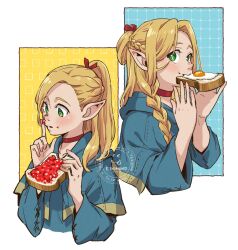 Rule 34 | 1girl, artist logo, blonde hair, blue capelet, blue robe, braid, capelet, choker, dungeon meshi, eating, edomon-do, elf, food, food on face, fried egg, fried egg on toast, green eyes, highres, holding, holding food, hood, hooded capelet, long hair, marcille donato, multiple views, pointy ears, ponytail, red choker, robe, single braid, toast, upper body, watermark, white background