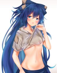 Rule 34 | 1girl, blue bow, blue eyes, blue hair, bow, breasts, debt, grey hoodie, groin, hair between eyes, hair bow, highres, hood, hoodie, hoodie pull, hureemu, long hair, looking at viewer, midriff, navel, open mouth, pulling own clothes, short sleeves, simple background, small breasts, solo, touhou, underboob, upper body, very long hair, white background, yorigami shion
