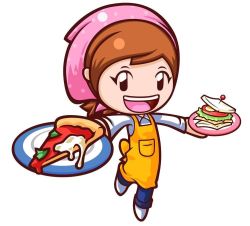 Rule 34 | 1girl, apron, bandana, cooking mama, female focus, food, looking at viewer, mama (cooking mama), official art, open mouth, pizza, sandwich, simple background, solo