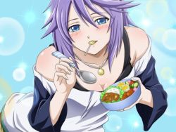 Rule 34 | 00s, 1girl, bare shoulders, blue eyes, blush, candy, curry, food, jewelry, lollipop, mouth hold, necklace, purple hair, rice, rosario+vampire, shirayuki mizore, shirt under shirt, skirt, solo, spoon, striped clothes, striped thighhighs, thighhighs