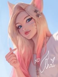 Rule 34 | 1girl, absurdres, ahri (league of legends), animal ears, blonde hair, blue eyes, character name, charles (106858), commentary, english commentary, finger heart, fox ears, fox girl, gradient hair, highres, league of legends, light smile, looking down, multicolored hair, pink hair, pink lips, realistic, selfie, sky, solo, the baddest ahri, thick lips, xo